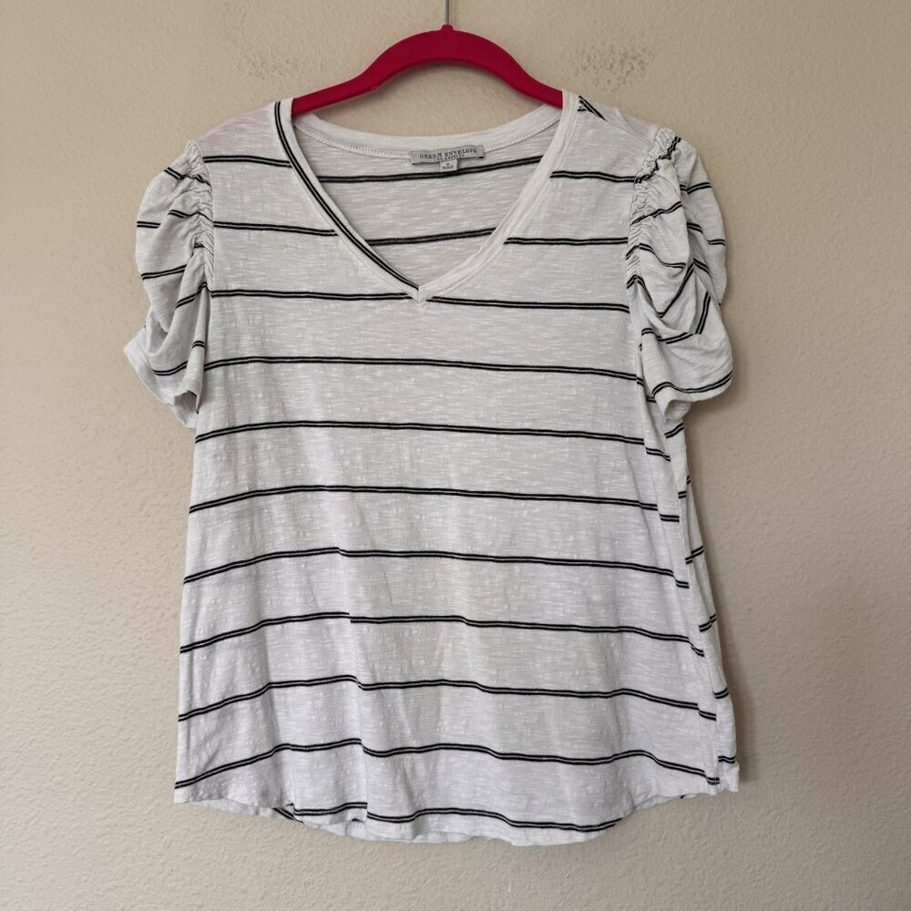 Green Envelope Shirt Womens Small White Striped Puff Ruched Sleeve V Neck